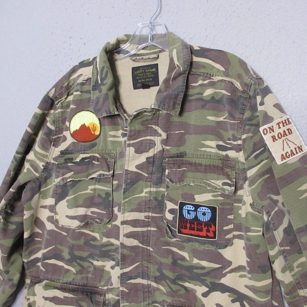 Lucky Brand Shirt Jacket Type L Green Camo Patch Utility Military Field Coat